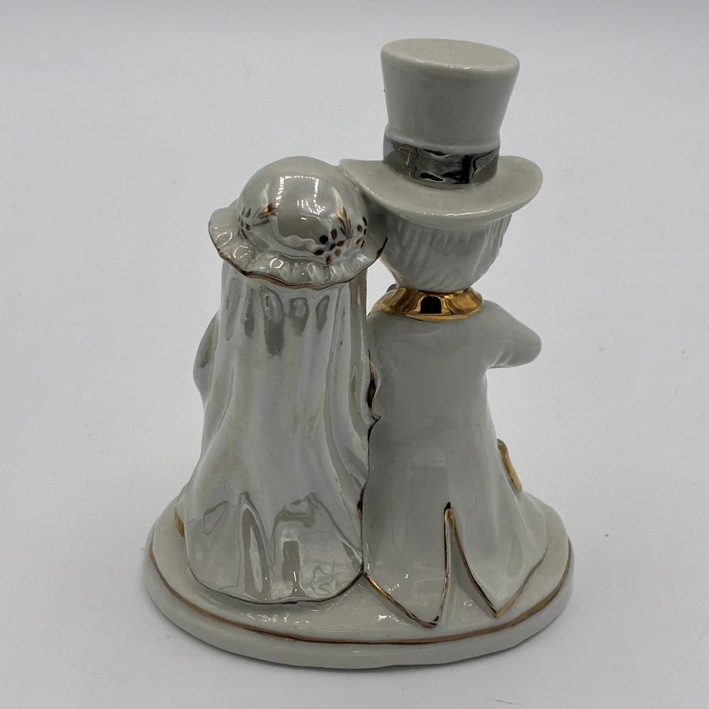 Vintage Porcelain Bride Groom Wedding Cake Topper Big Eyes Gold Trim